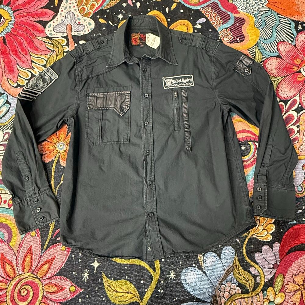 Y2k Rebel Spirit Skull Patch Embroidered Military Button Up Shirt Grunge Punk XL